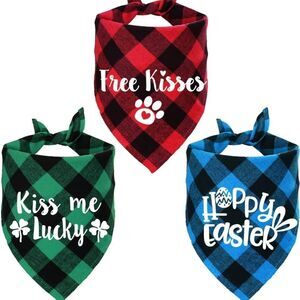3 Pack Holiday Plaid Dog Bandana, Valentine's Day St. Patrick's Day East…